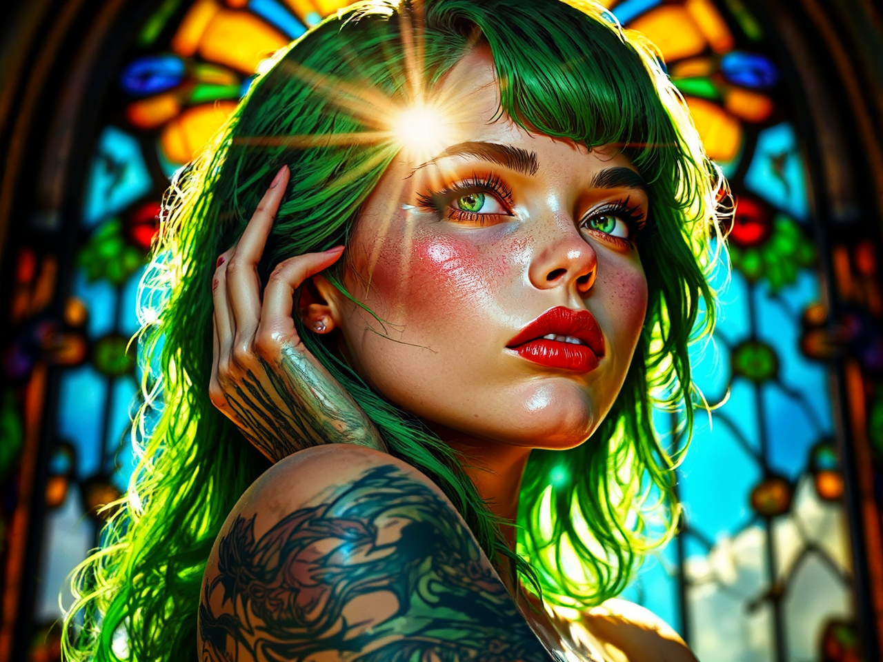 Green-haired woman in stained