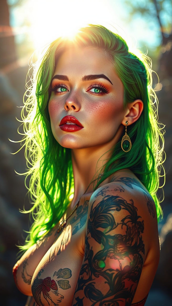 Green-haired model in sunny