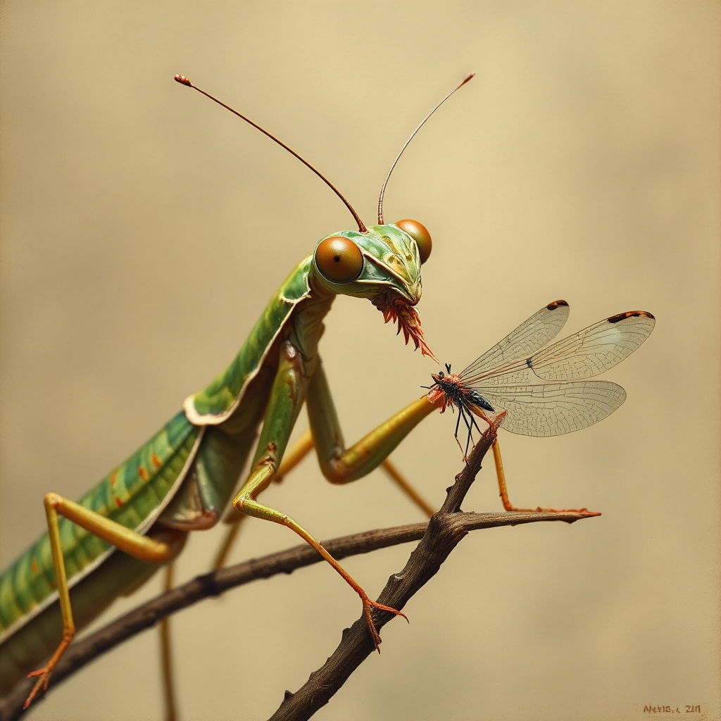 A praying mantis eats