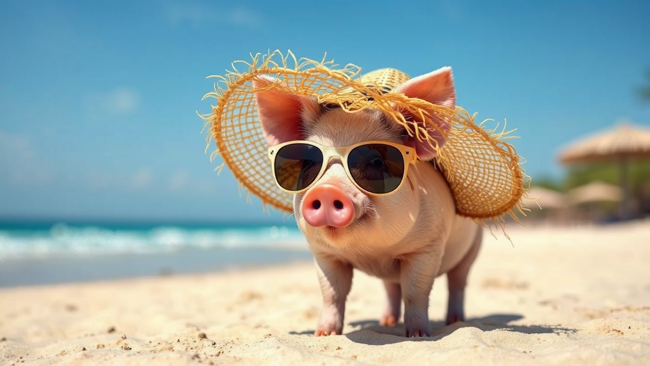 Pig wearing straw hat
