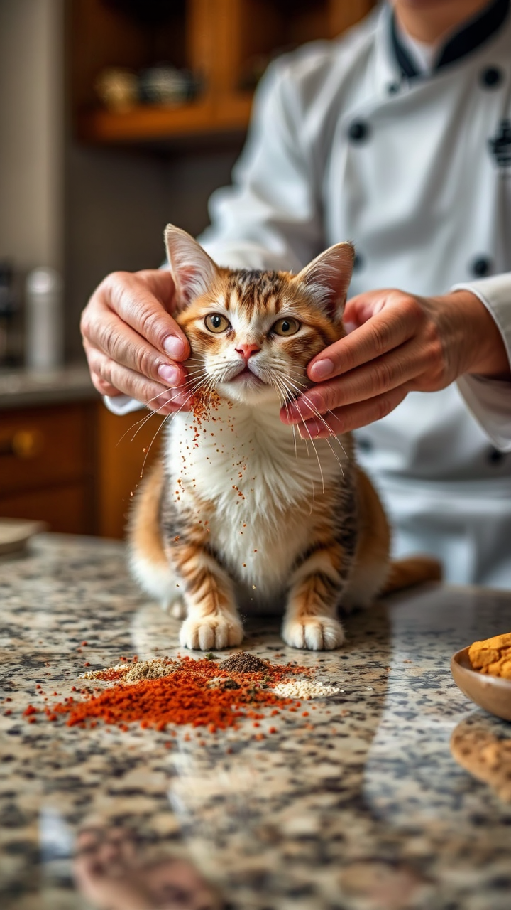 Chef seasoning a cat