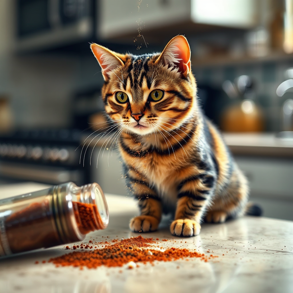 Tabby cat among kitchen