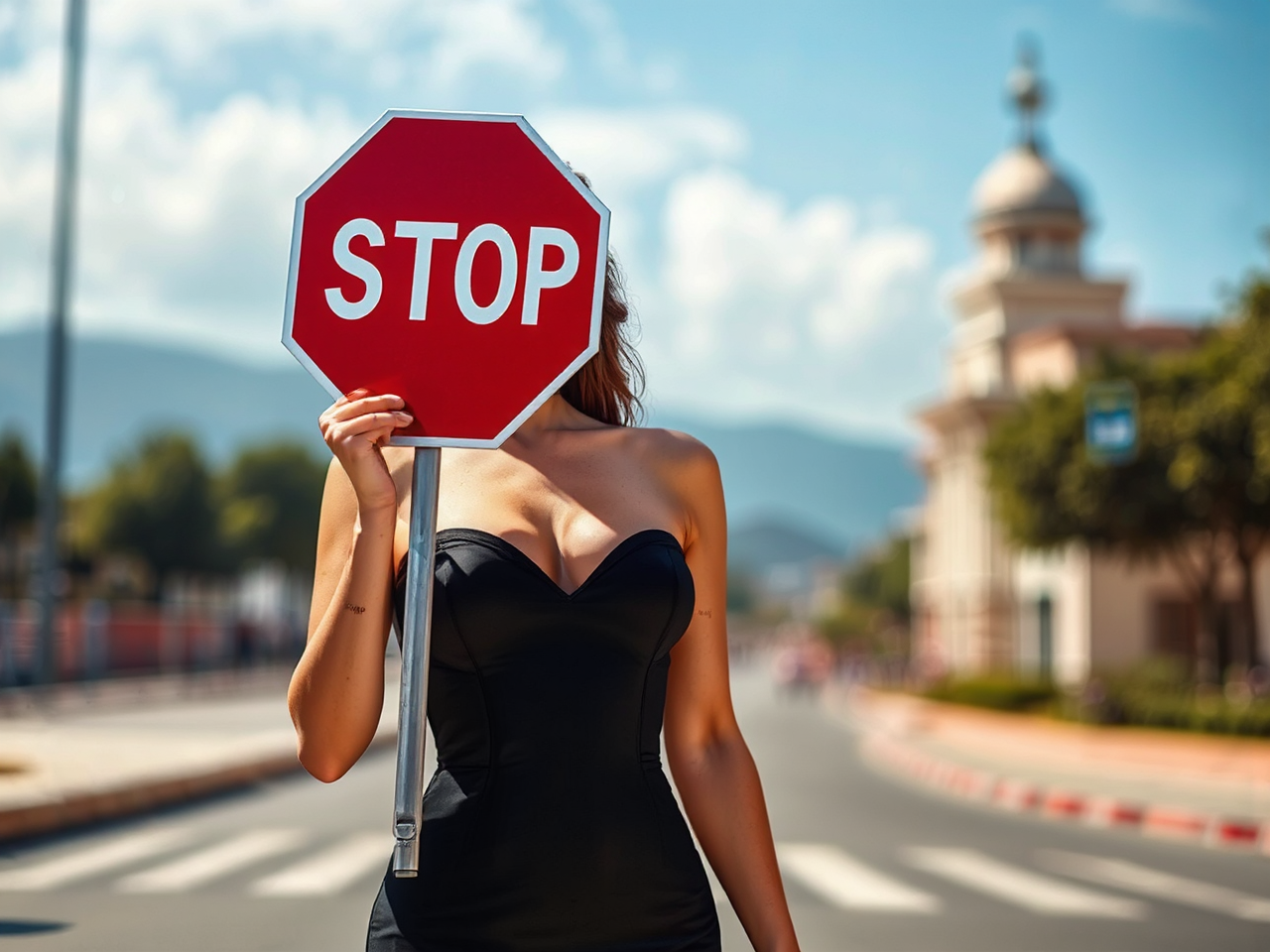 Model holds stop sign
