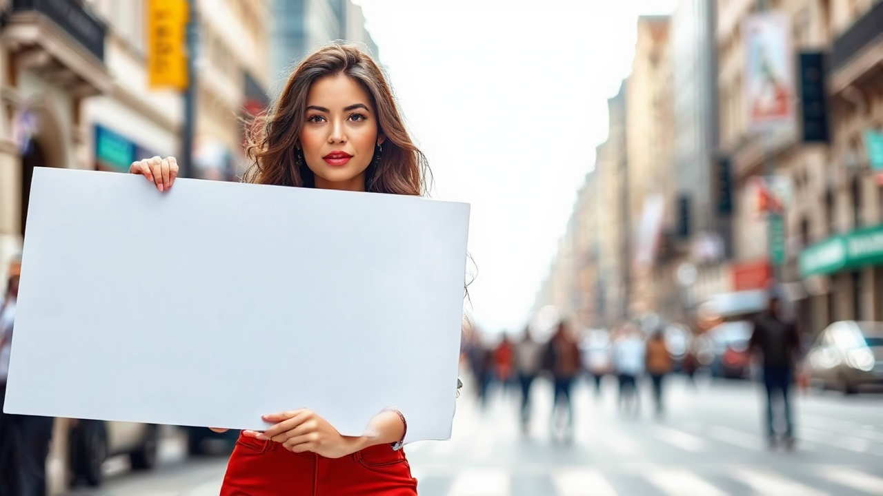 Attractive woman holds blank