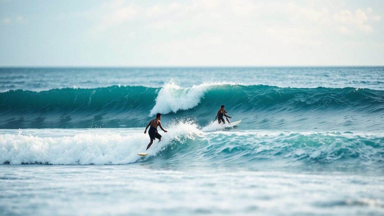 Two surfers ride ocean