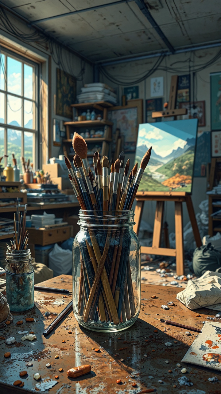 Artist's cluttered studio with