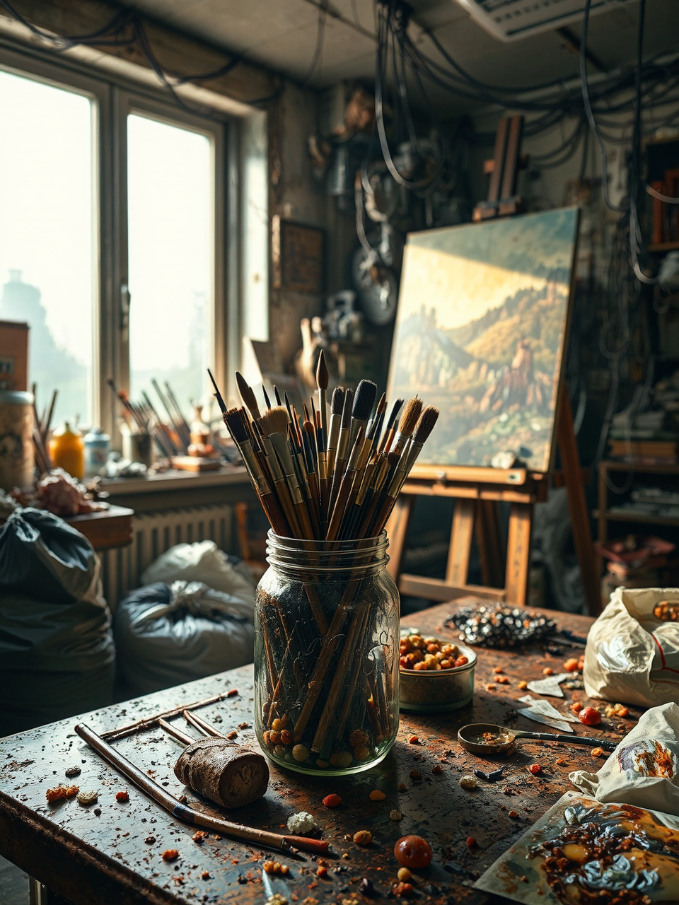 Artist's cluttered studio with