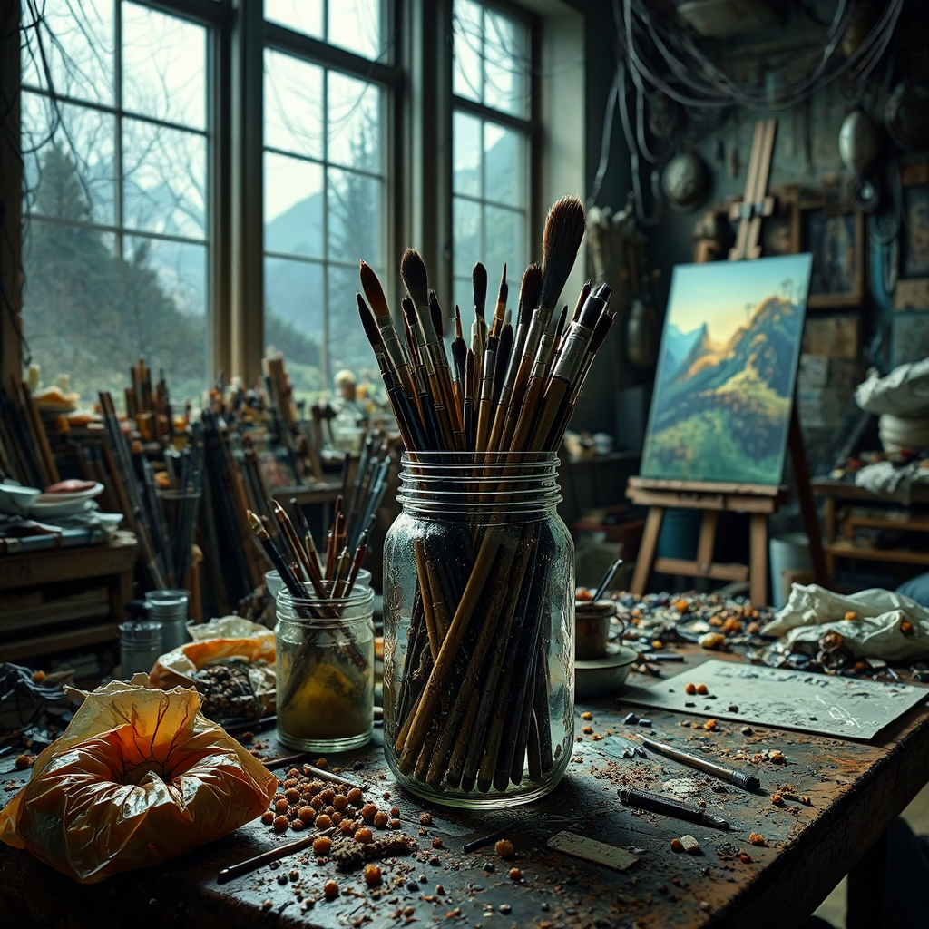 Artist's cluttered studio with