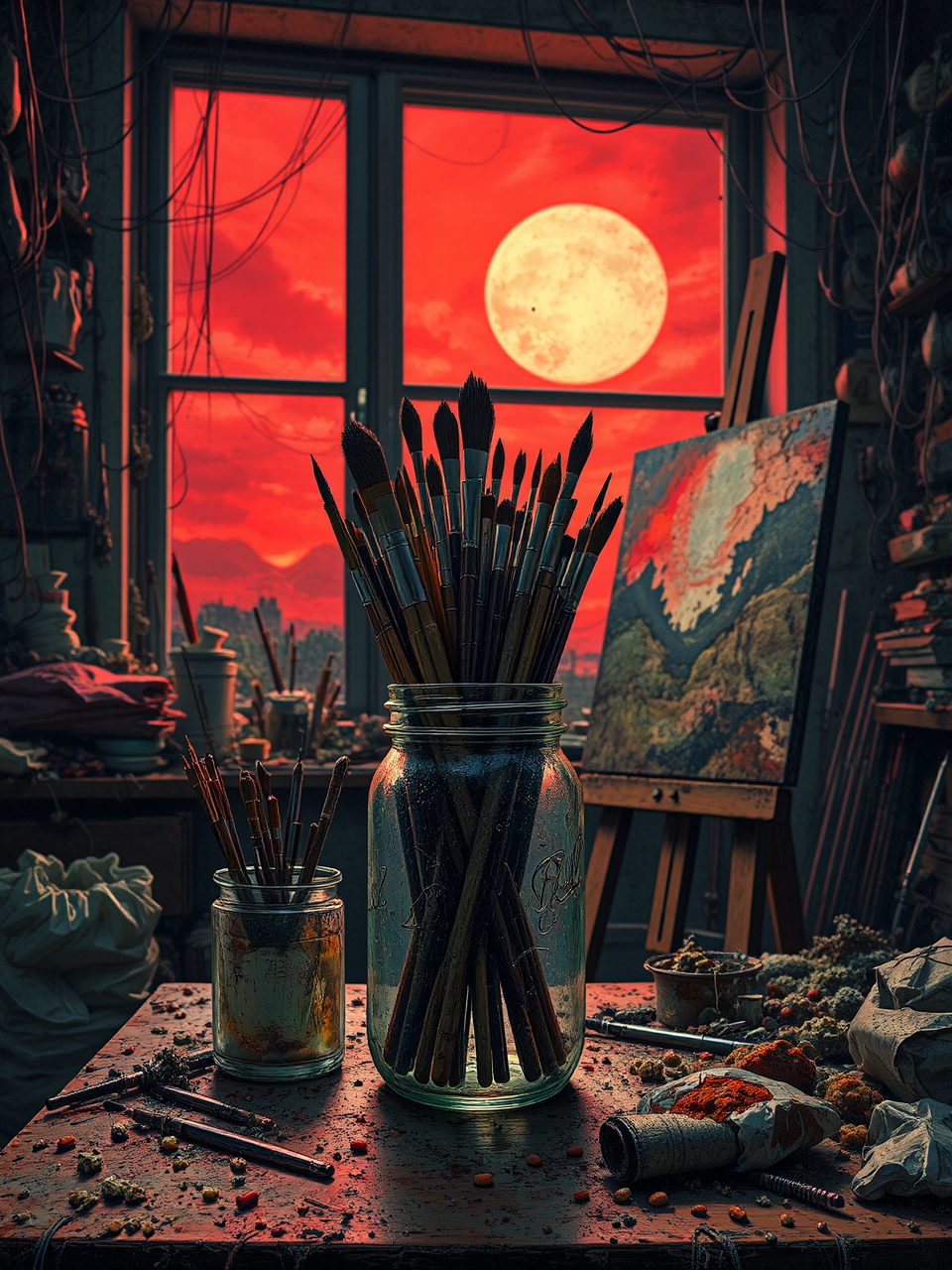 Artist's cluttered studio with