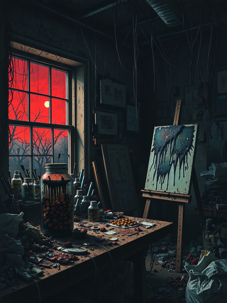 A cluttered artist's studio