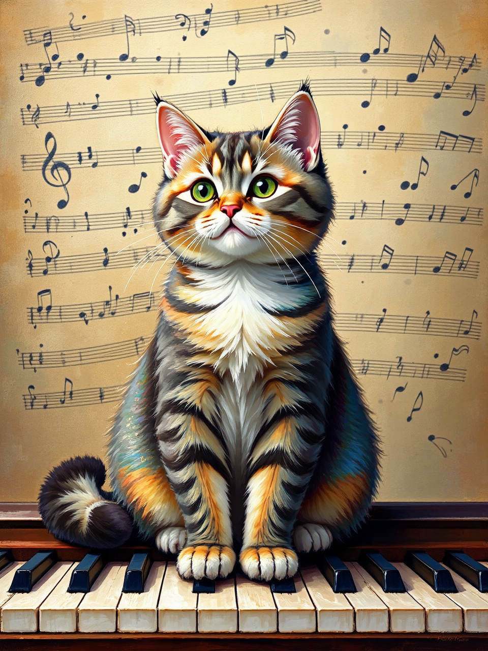 Colorful cat sits on