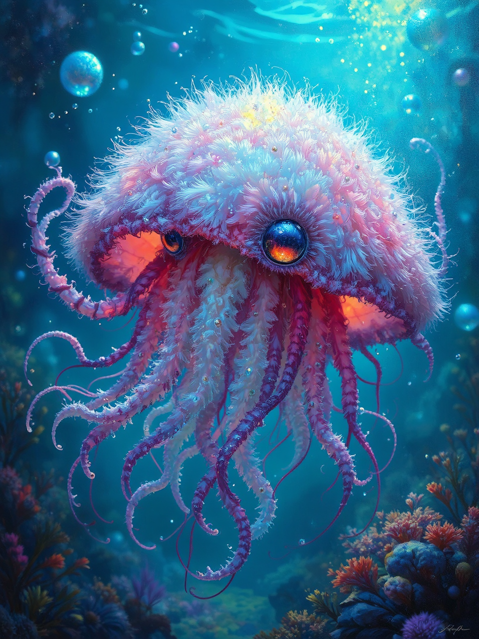 Furry jellyfish-like creature underwater.