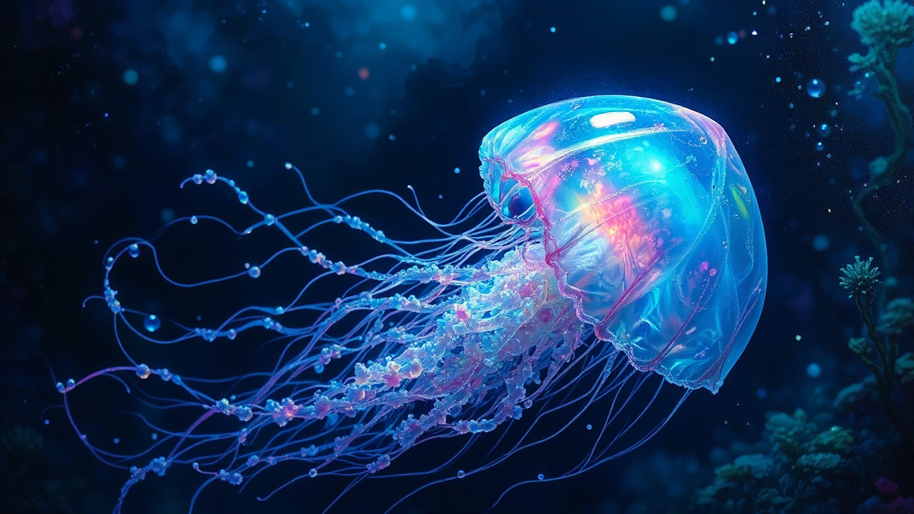 Iridescent jellyfish in underwater