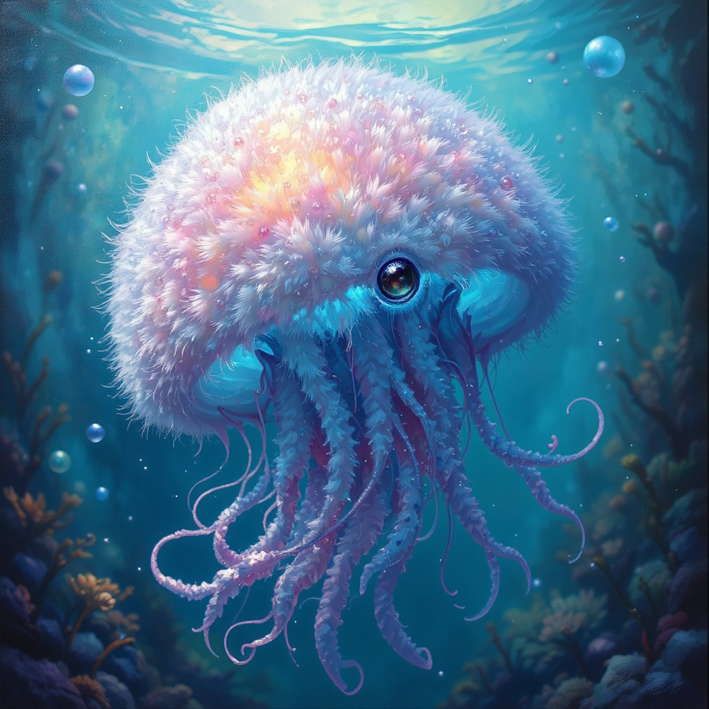 Furry jellyfish-like creature underwater.