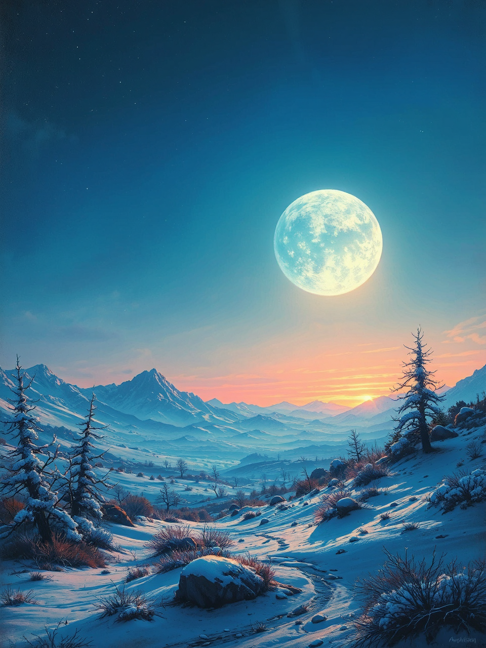 Moon rises over icy