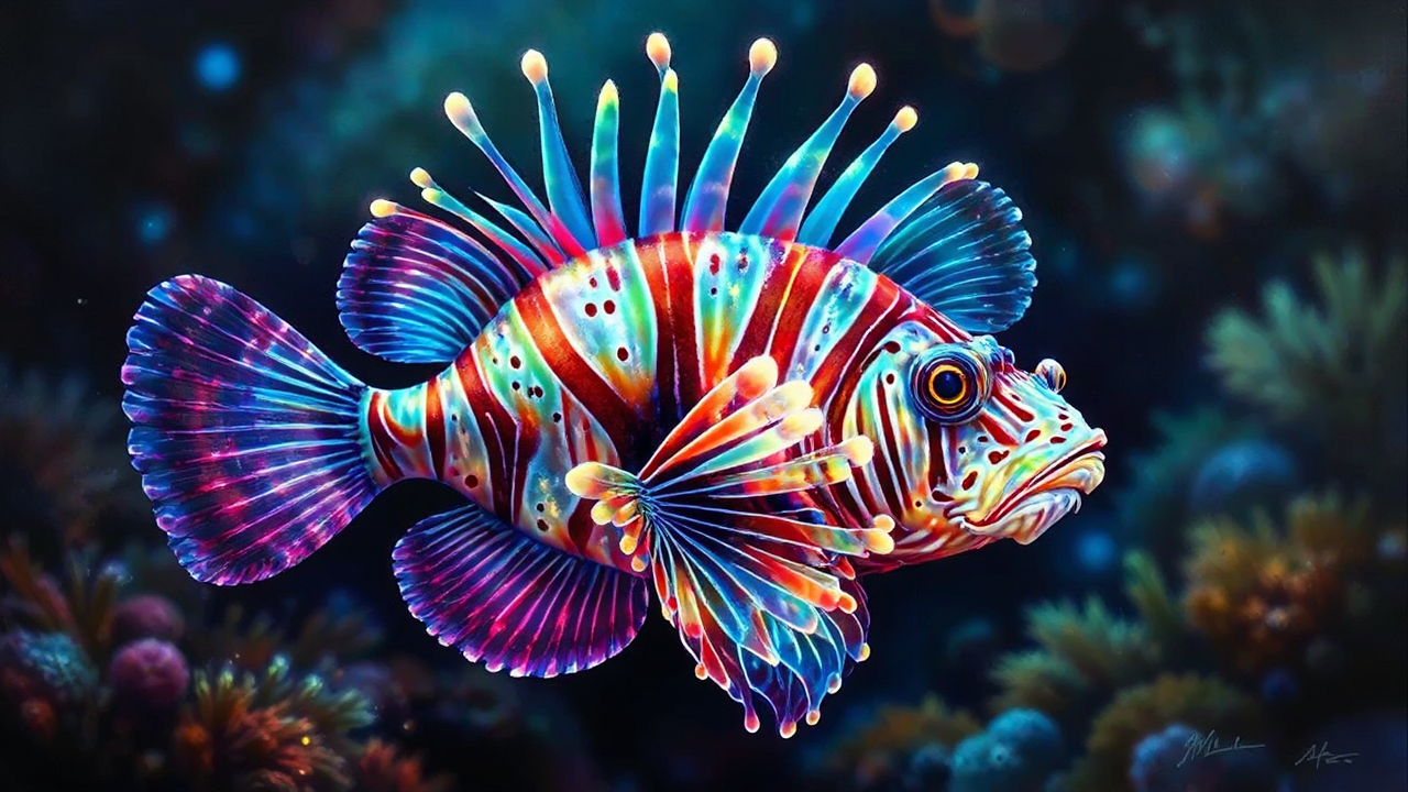 Colorful luminescent lionfish in