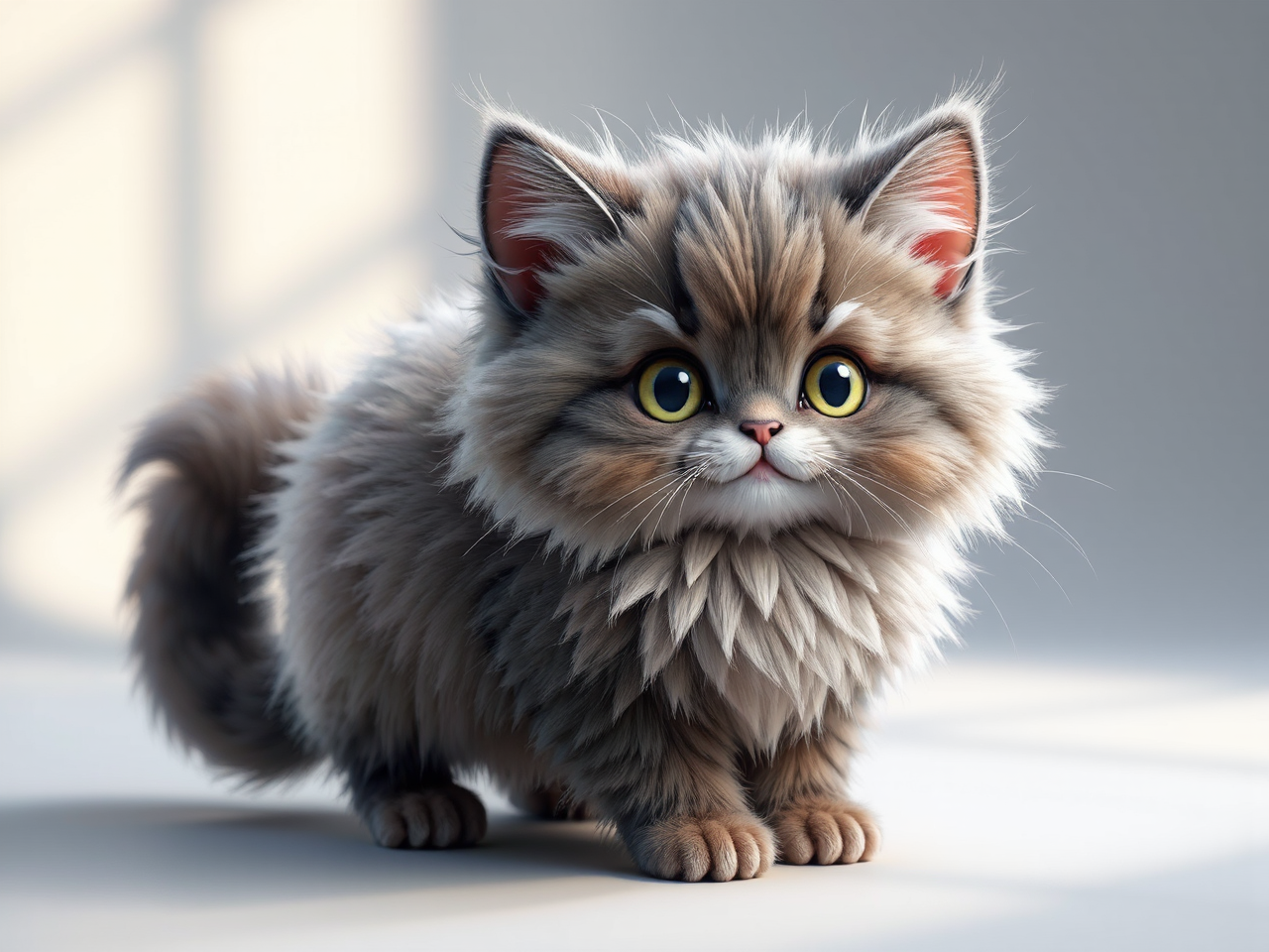 Fluffy anthropomorphic kitten in