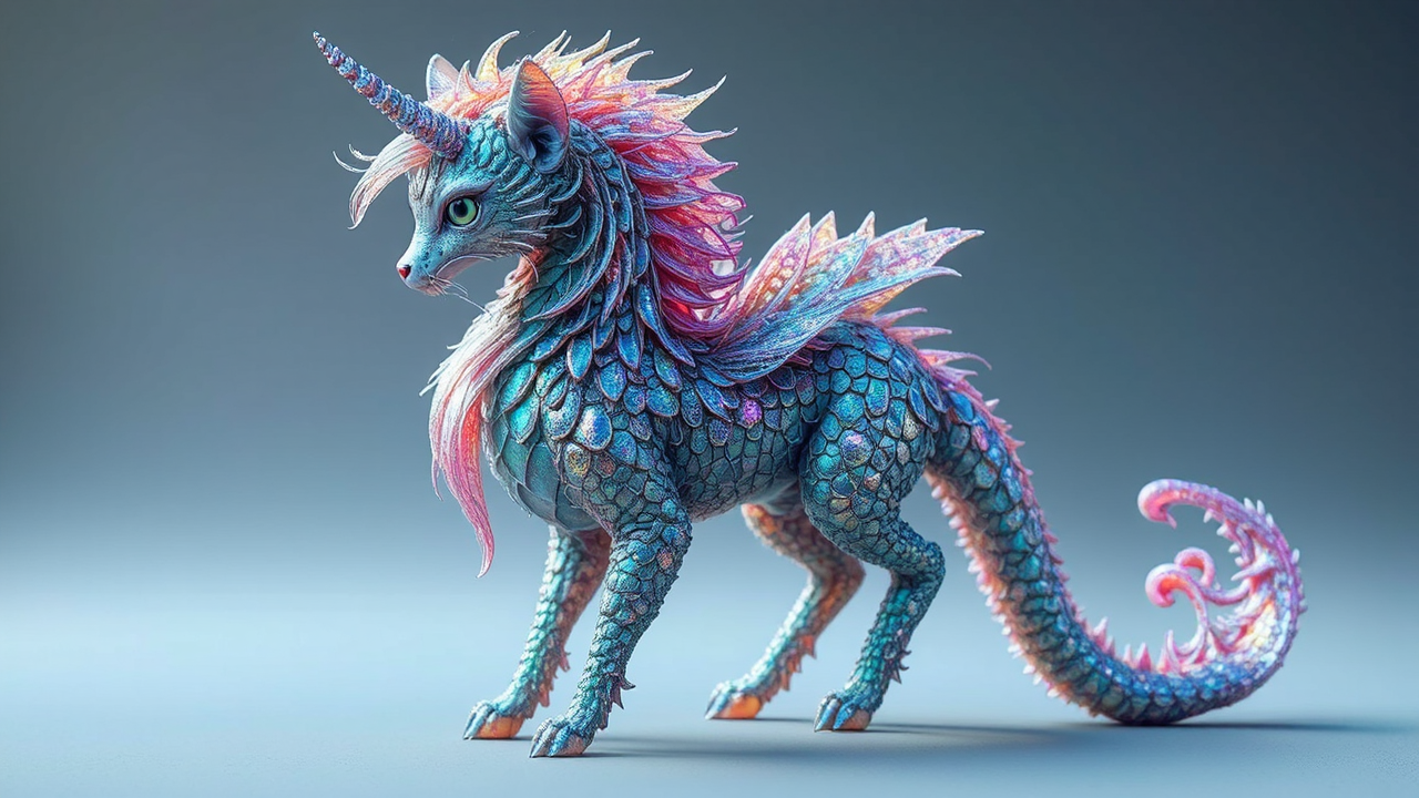 Fantasy cat-seahorse with iridescent