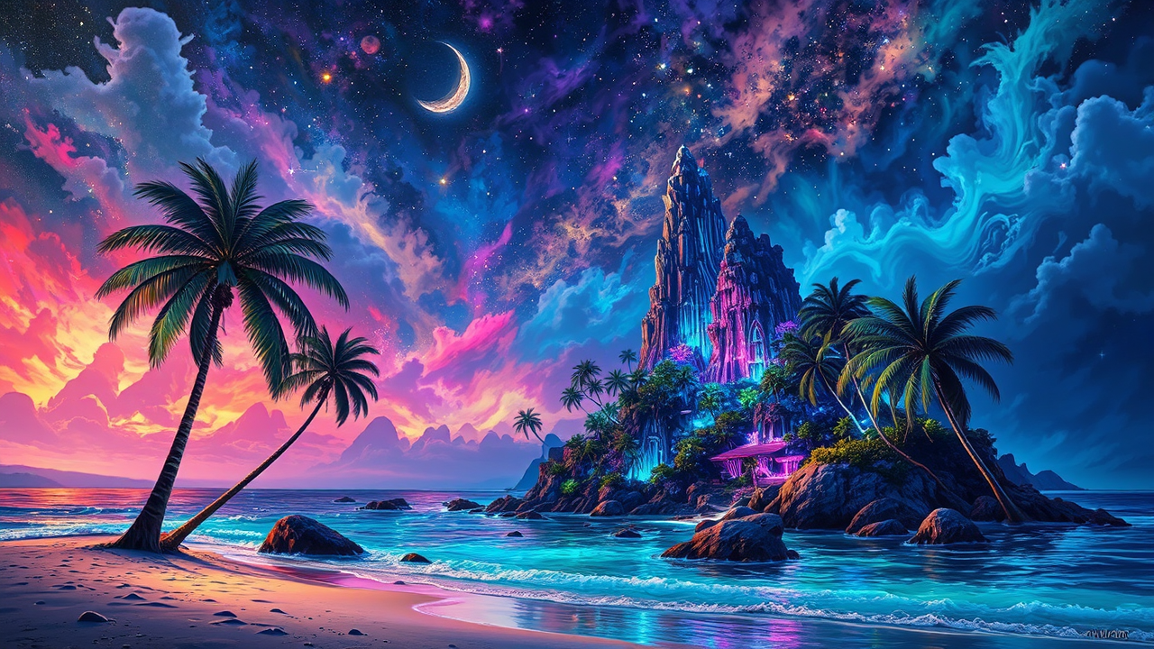 Bioluminescent island with palm